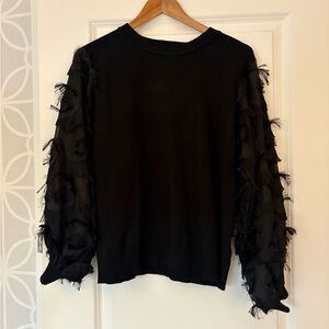 Feather-Trim Black Crewneck Sweater - Women's Elegant Pullover